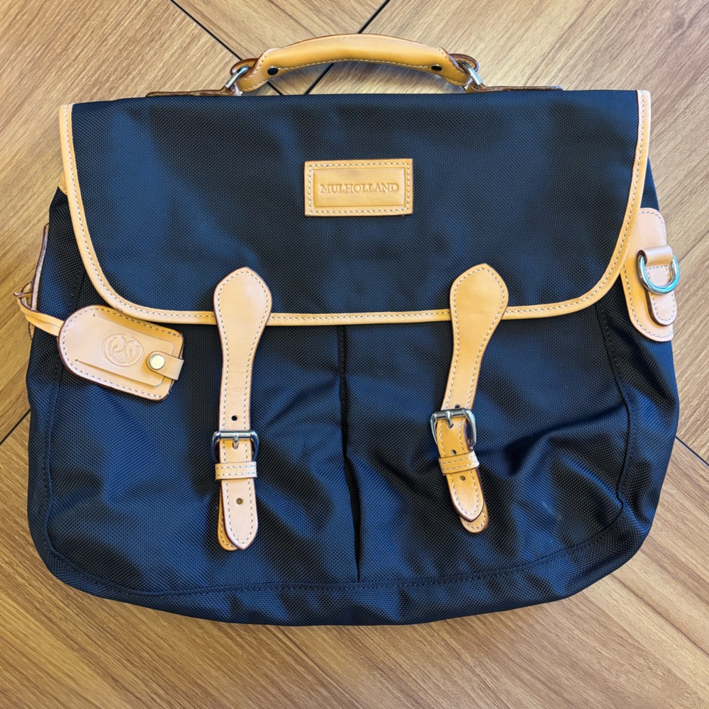 Mulholland black canvas and tan leather trim briefcase or messenger bag